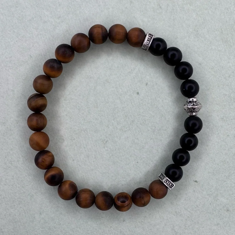 HAND CRAFTED Matte Onyx & Tiger Eye Beaded Stretch Bracelet 6.0” Circumference